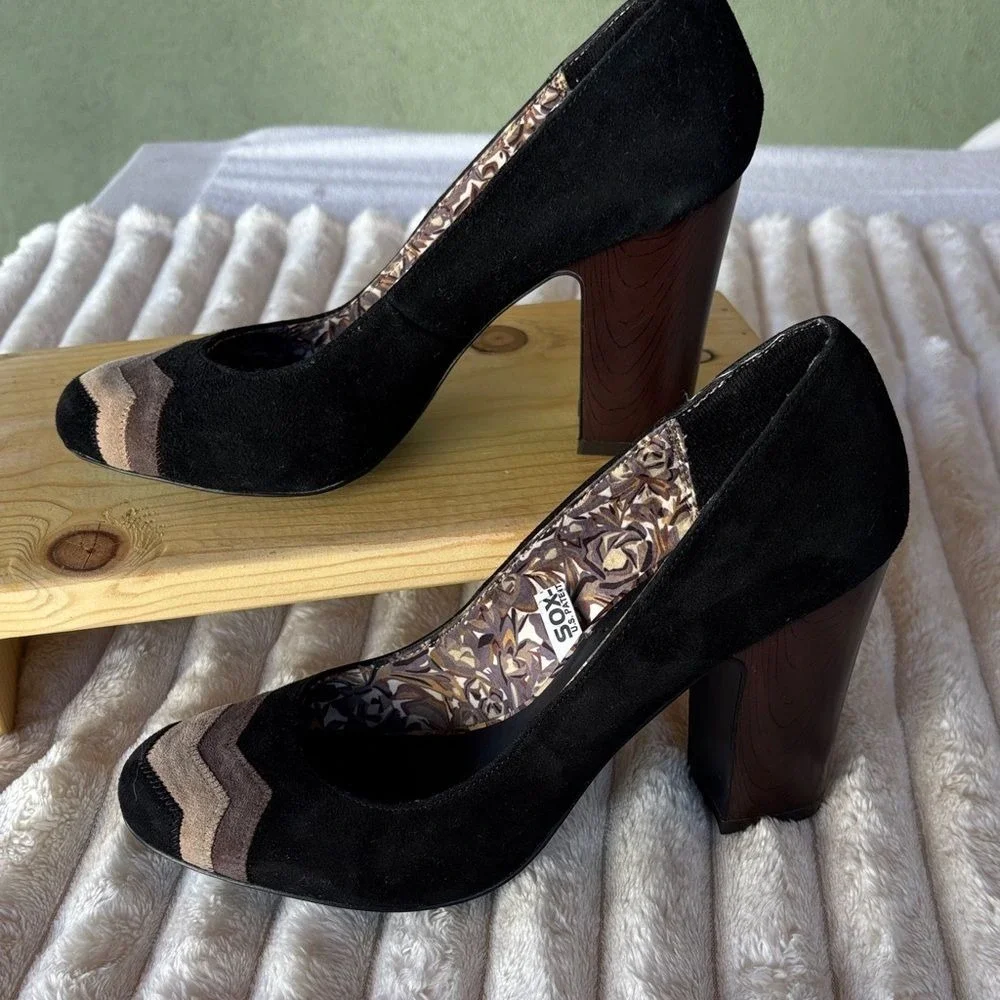 Missoni for Target Size 9‎ Chevron Toe Block Heel Pumps Black Taupe Mocha Retro